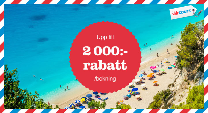 Upp till 2 000 kr rabatt på charter till Medelhavet hos Airtours!